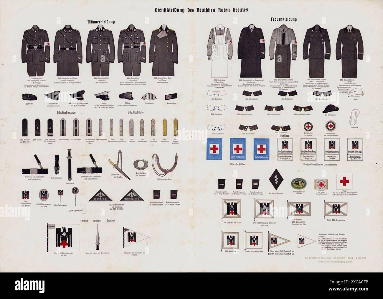 Ein Vintage-Poster aus dem 2. Weltkrieg, das die Uniformen des Deutschen Roten Kreuzes zeigt. Es zeigt die Uniformen sowie die Insignien und Abzeichen der verschiedenen Ränge. Stockfoto