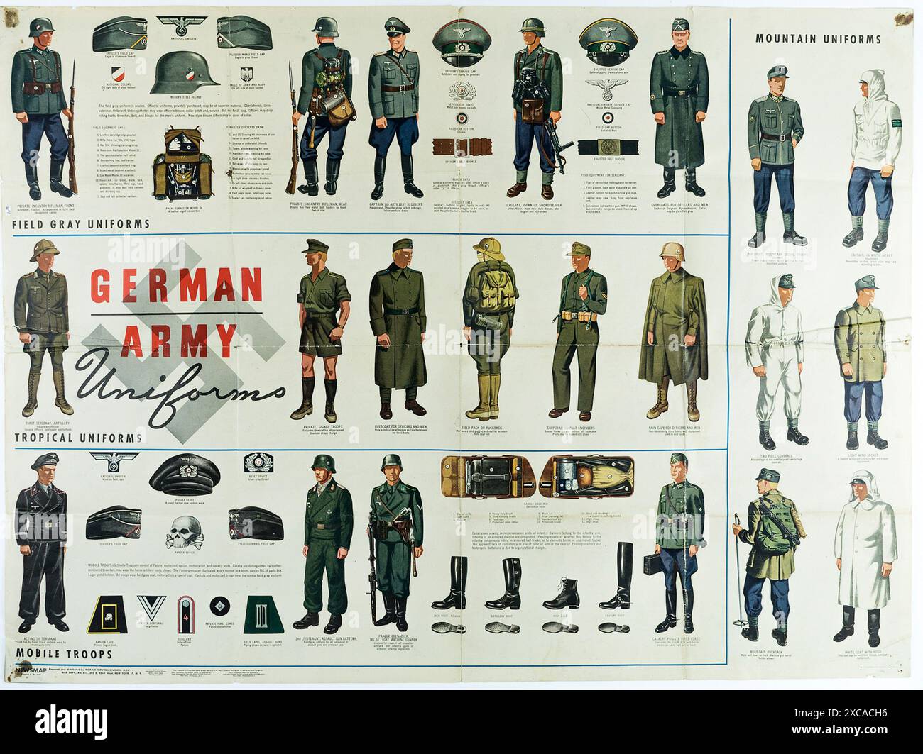 Ein altmodisches alliiertes Poster aus dem 2. Weltkrieg, das die Uniformen der Wehrmacht zeigt. Es zeigt die Uniformen sowie die Insignien und Abzeichen der verschiedenen Ränge. Sie zeigt die Uniformen von Offizieren und Männern im Feldgrau sowie mechanisierte, Berg- und tropische Truppen. Stockfoto
