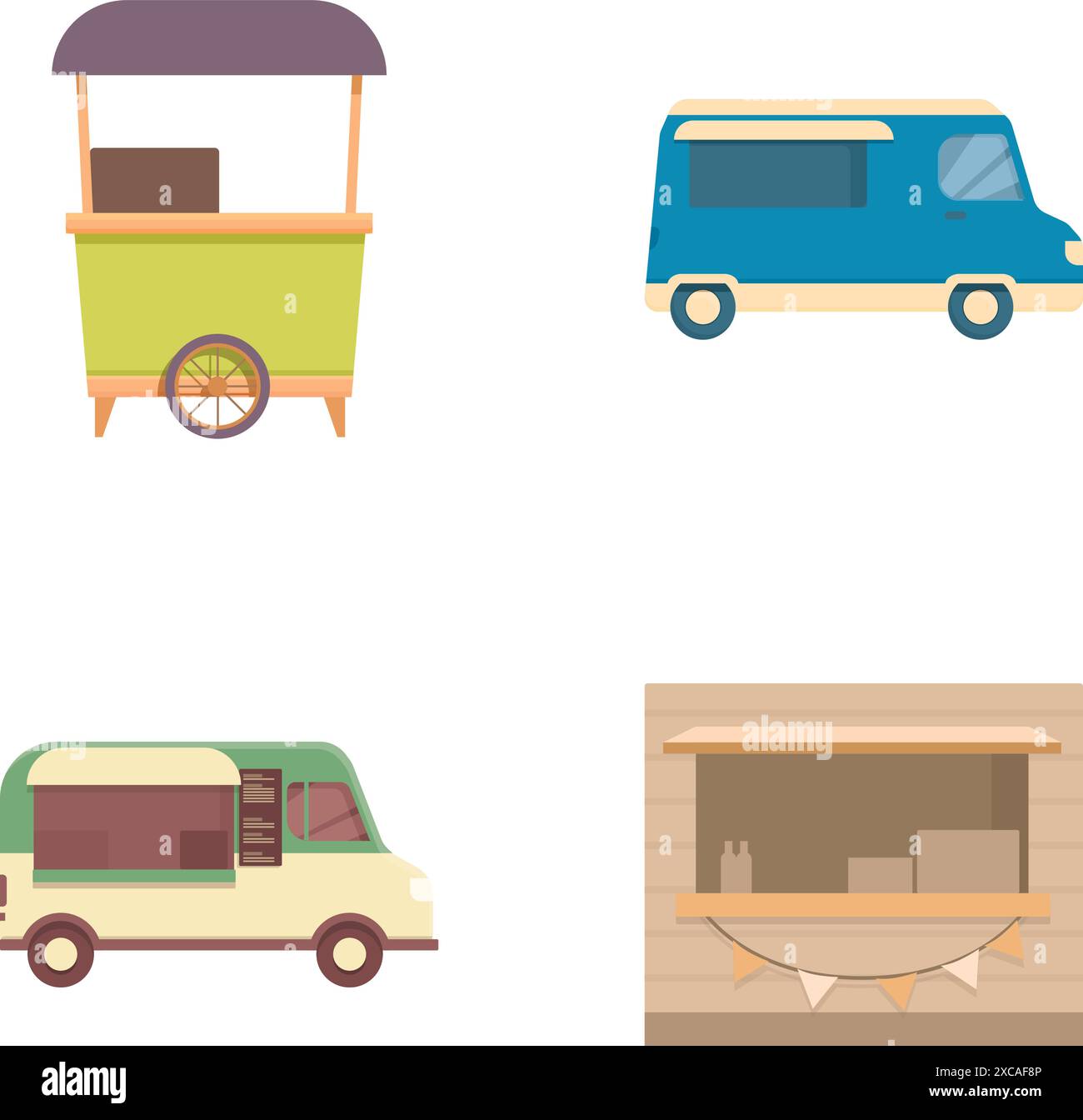 Vier verschiedene detaillierte Illustrationen lebendiger Imbisswagen und Verkaufsstände für Verkaufsautomaten Stock Vektor