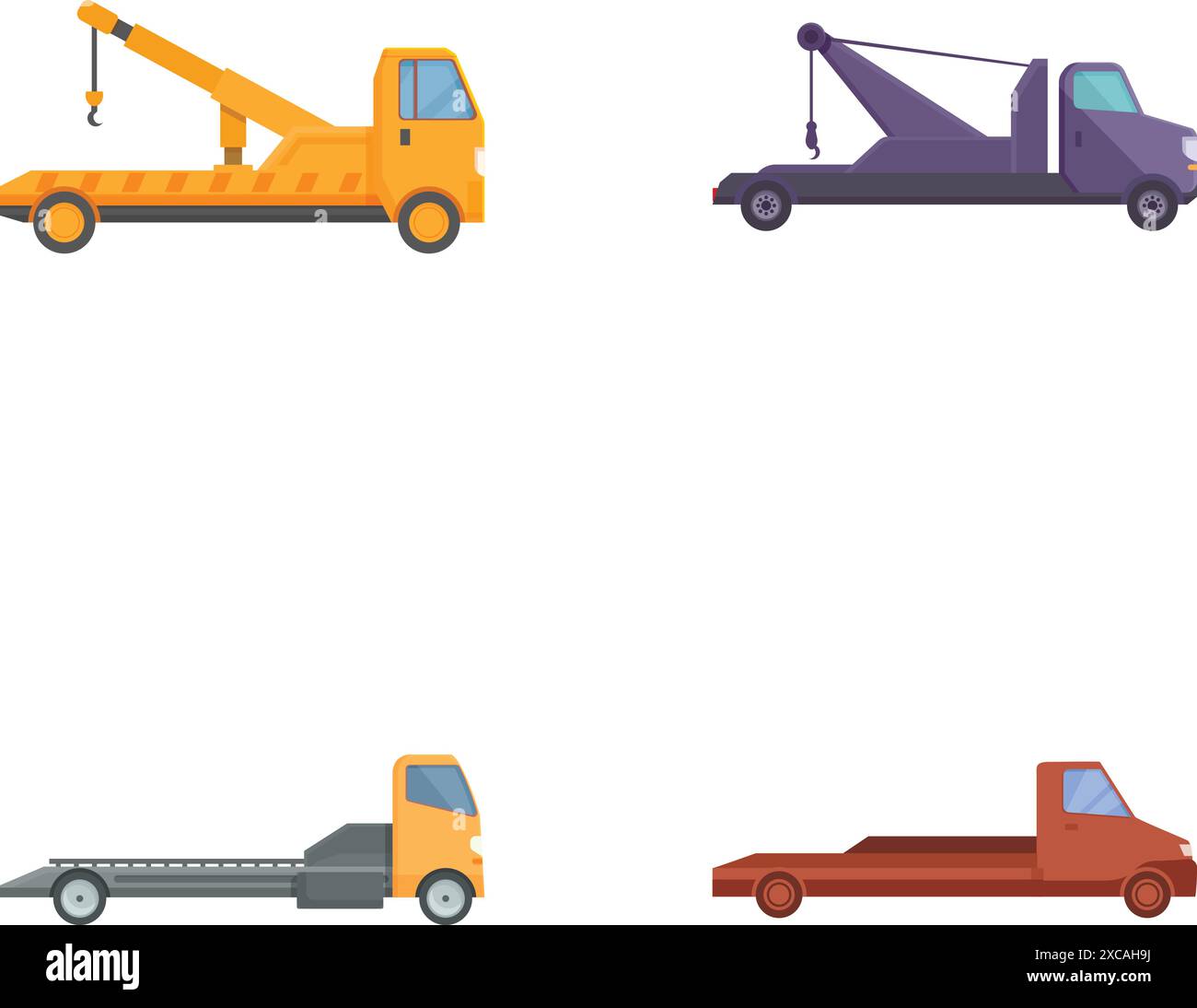 Vektor-Illustration von flachen Design-Abschleppwagen und Autoträgern isoliert auf weißem Hintergrund Stock Vektor