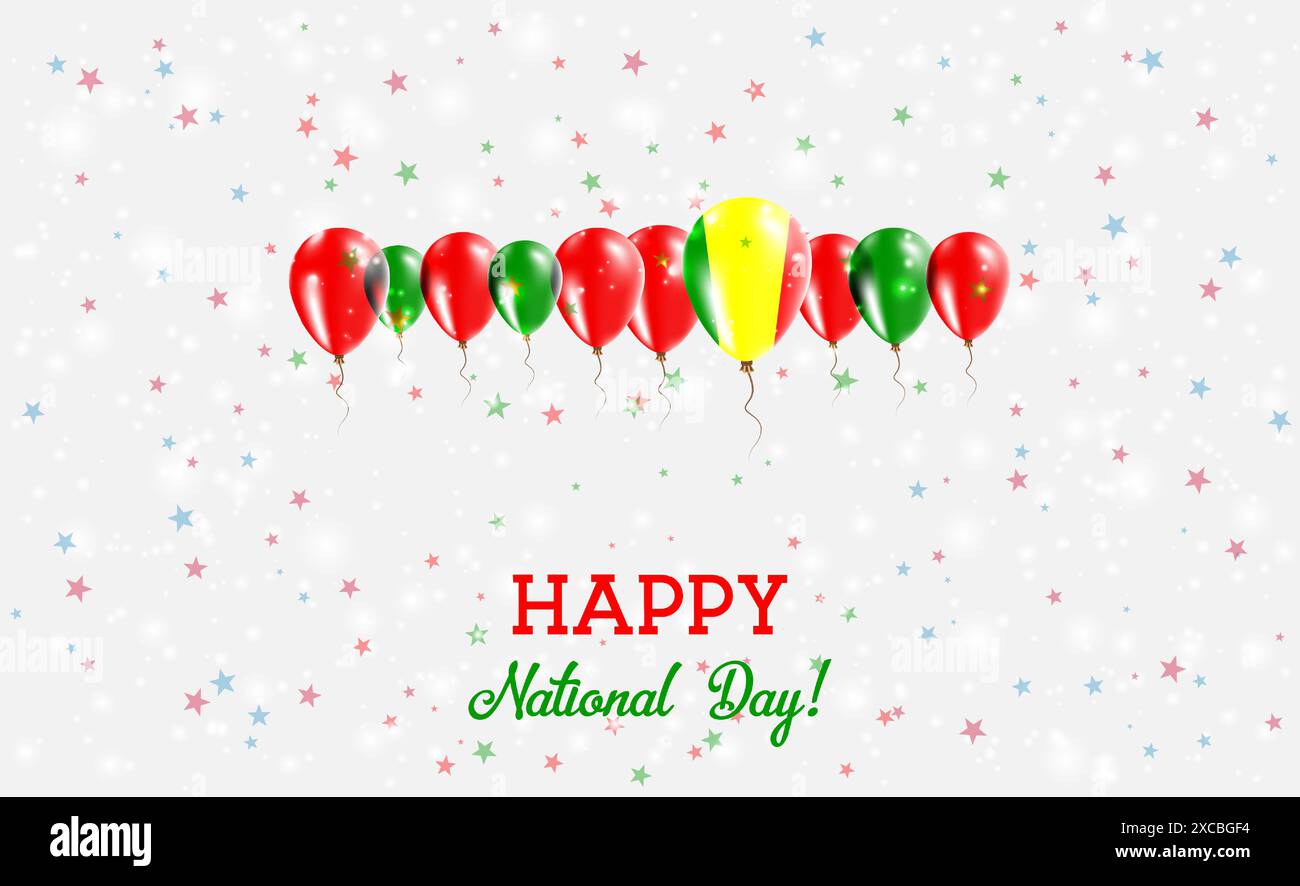Das Funkelnde Patriotische Poster Zum Unabhängigkeitstag Mali. Reihe von Ballons in Farben der malischen Flagge. Grußkarte mit Nationalflaggen, Konfetti und Sternen. Stock Vektor