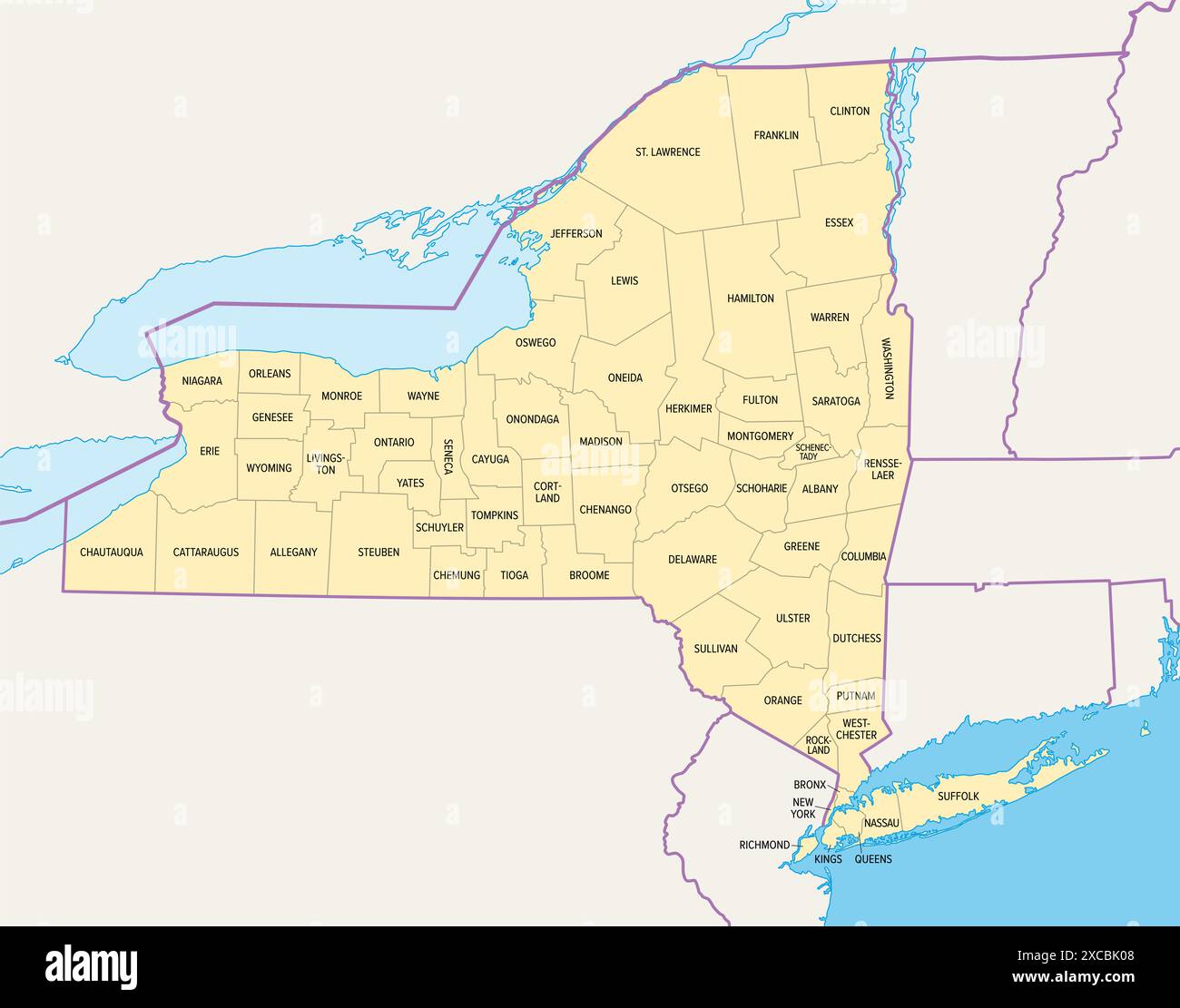 New York State Countys, politische Karte. New York, Bundesstaat Northeastern United States, einer der mittelatlantischen staaten, ist in 62 Countys unterteilt. Stockfoto