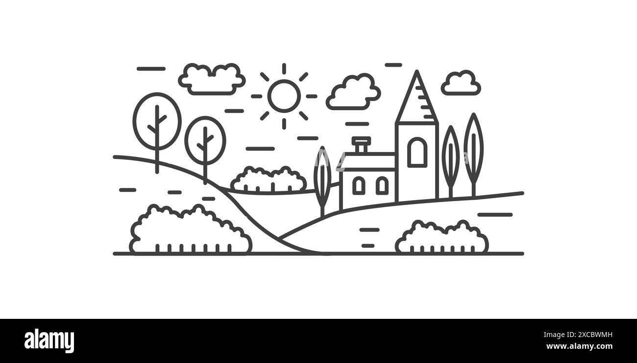 Sommer Landlandschaft mit hohem Turm des alten Gebäudes und Bäumen auf Rasen, Linie Symbol Vektor Illustration Stock Vektor