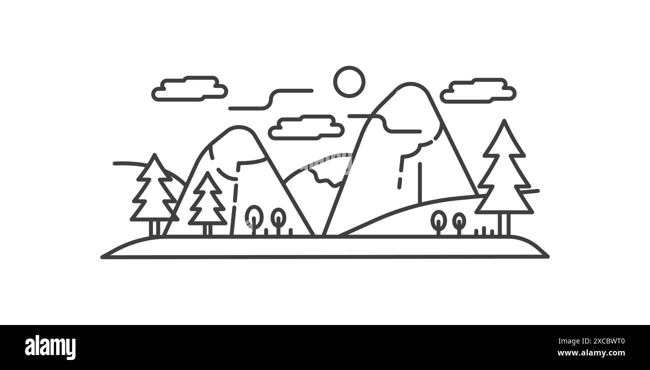 Einfache Berglandschaft, Nadelbäume wachsen zu Fuß, Linie Symbol Vektor Illustration Stock Vektor