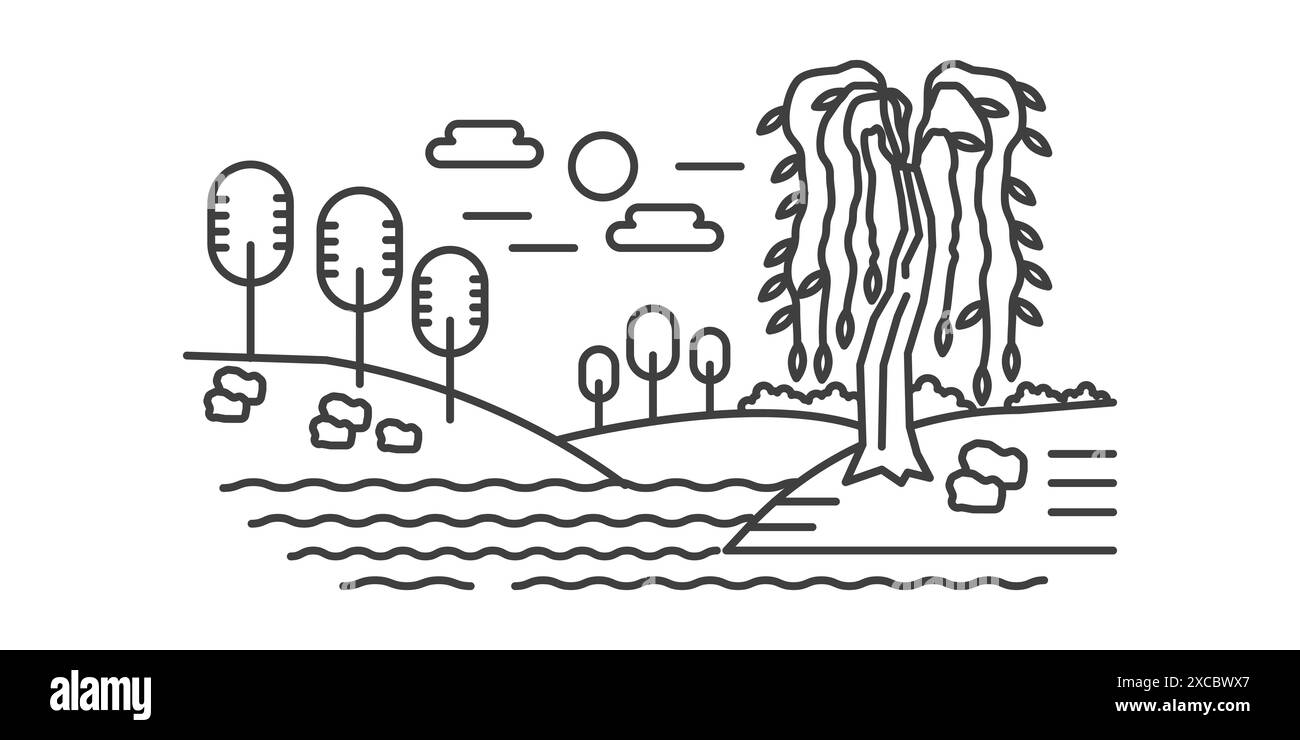 Niedliche natürliche Landschaft, Fluss fließt zwischen Hügeln, Bäume wachsen auf Ufer, Linie Symbol Vektor Illustration Stock Vektor