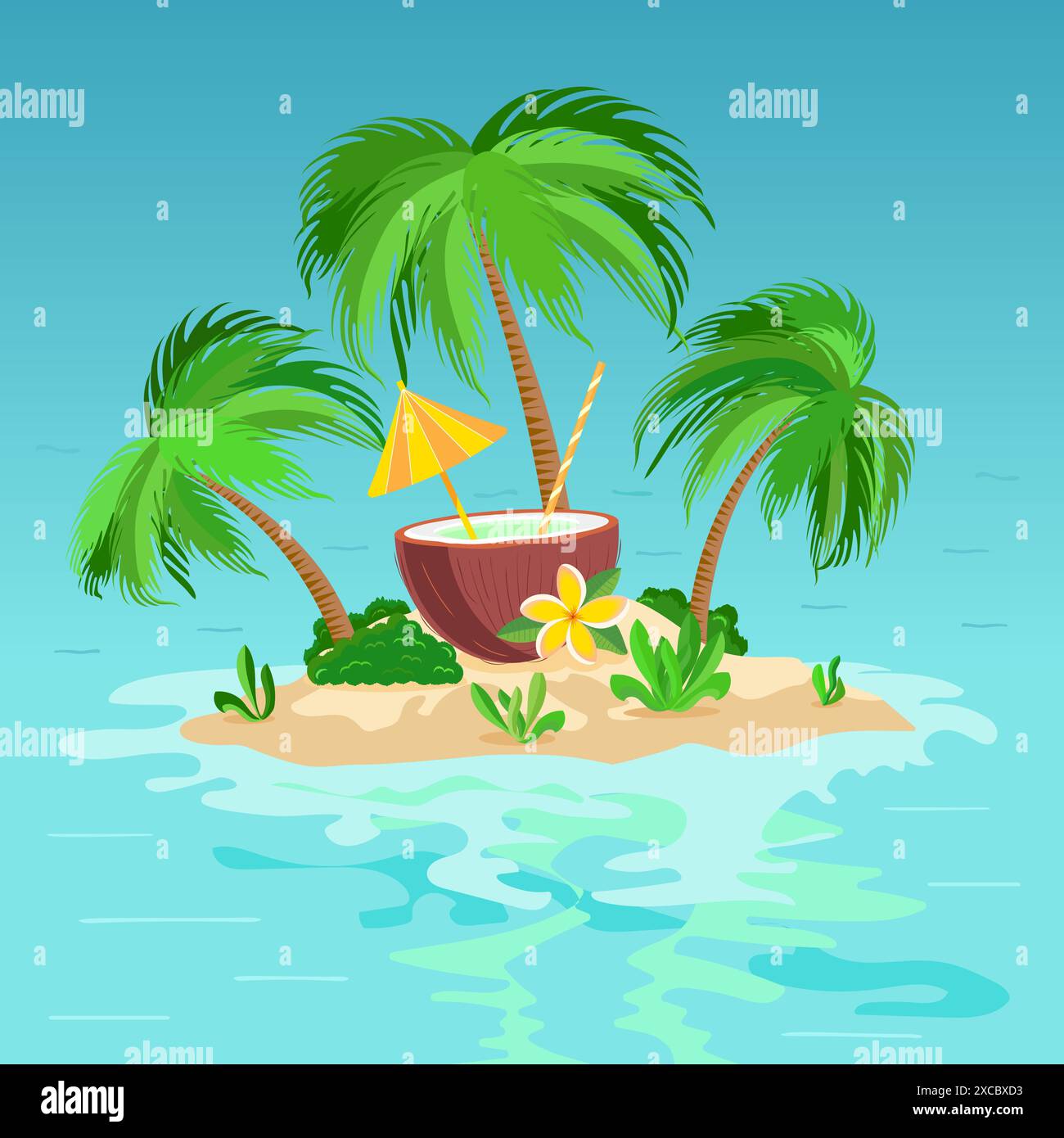 Kokos-Cocktail mit Stroh und Regenschirm, tropische Frangipani-Blume, Palmen und exotische Blätter auf der Insel, flache Vektor-Illustration. Sommer SEA vac Stock Vektor