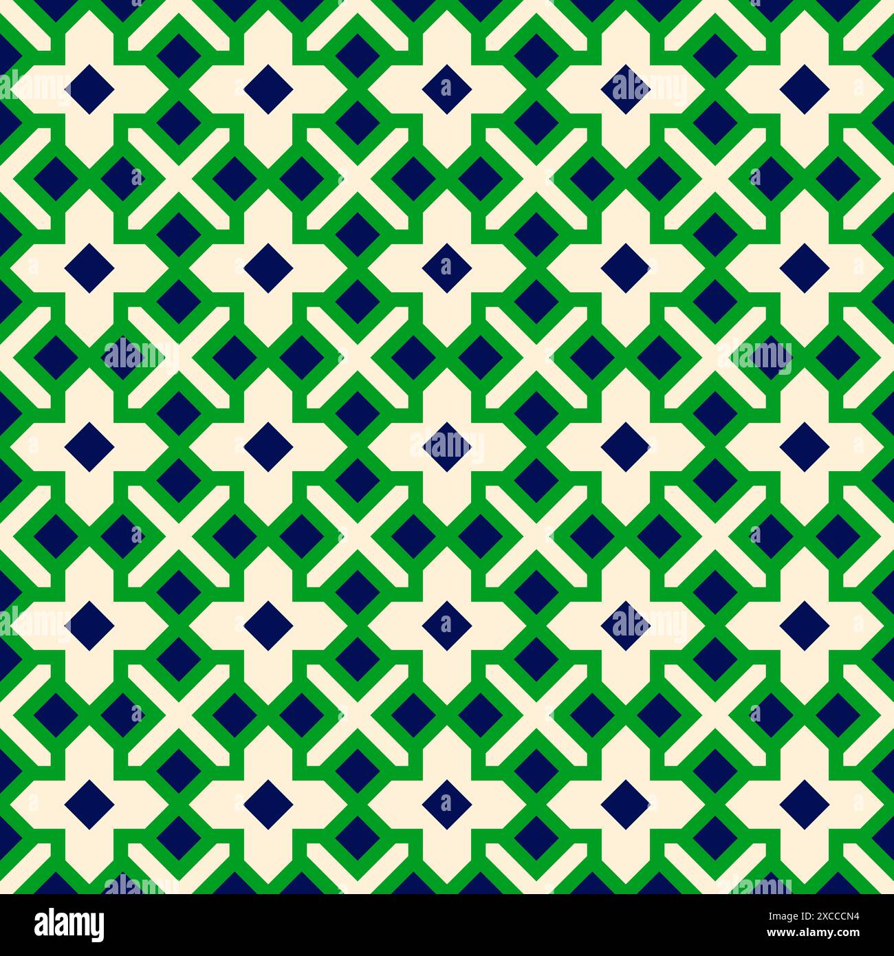 Grüner und blauer geometrischer nahtloser Musterhintergrund, flaches Vektor-grafisches Design, symmetrisches Design, nahtloses Muster im Stil islamischer Kunst Stock Vektor