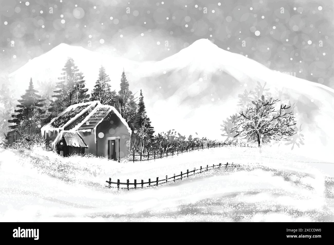 Fantastische Winterlandschaft mit Haus in schneebedeckten Bergen grauen Hintergrund Stock Vektor