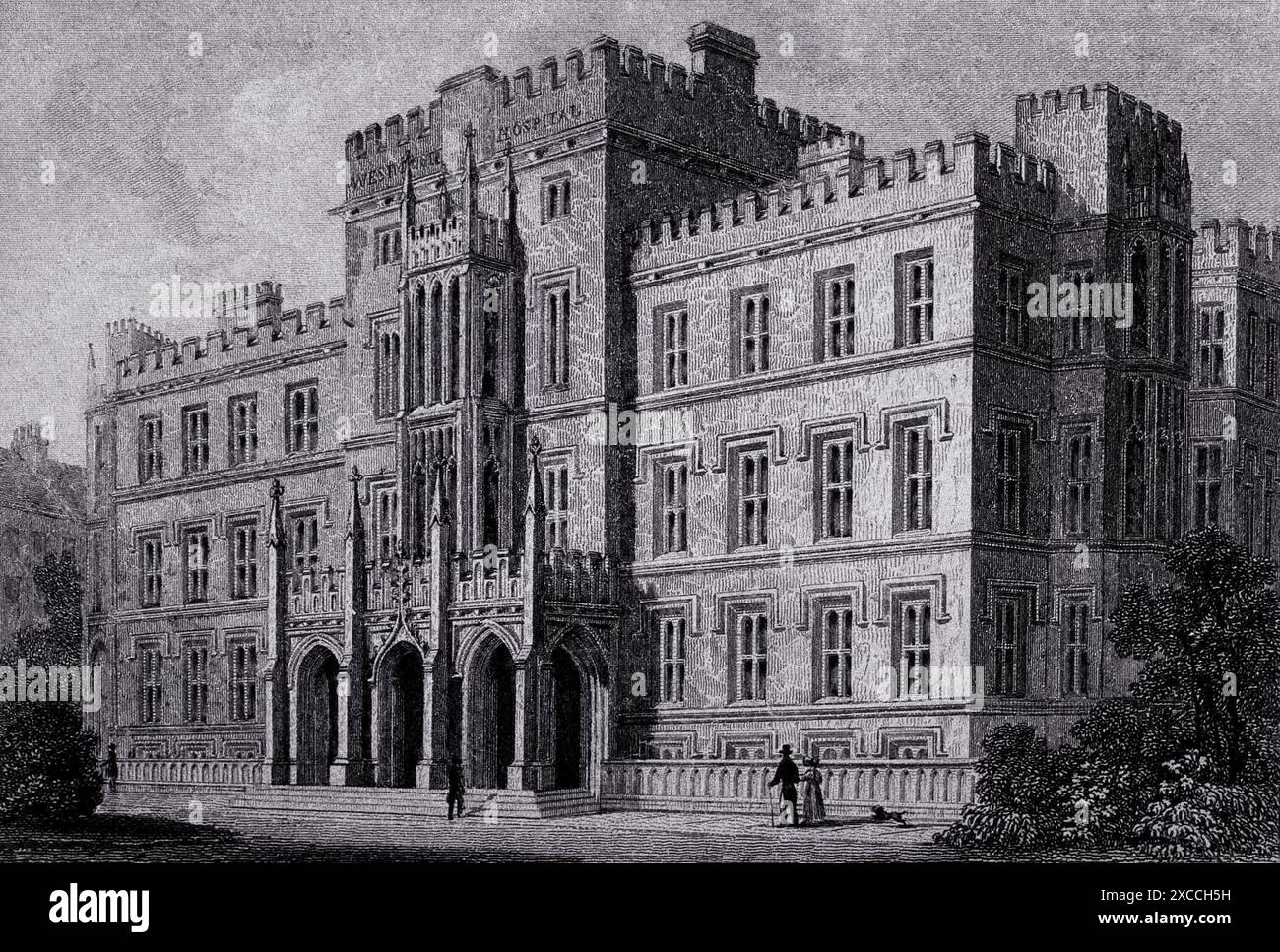 Eine detaillierte Gravur, die das Westminster Hospital in London während des 19. Jahrhunderts darstellt. Das Gebäude ist in einem großen Stil mit mehreren Etagen, kunstvollen Details und einem markanten Eingang dargestellt. Die Gravur fängt die architektonische Pracht des Krankenhauses ein und zeigt seine imposante Präsenz innerhalb der Stadt. Stockfoto