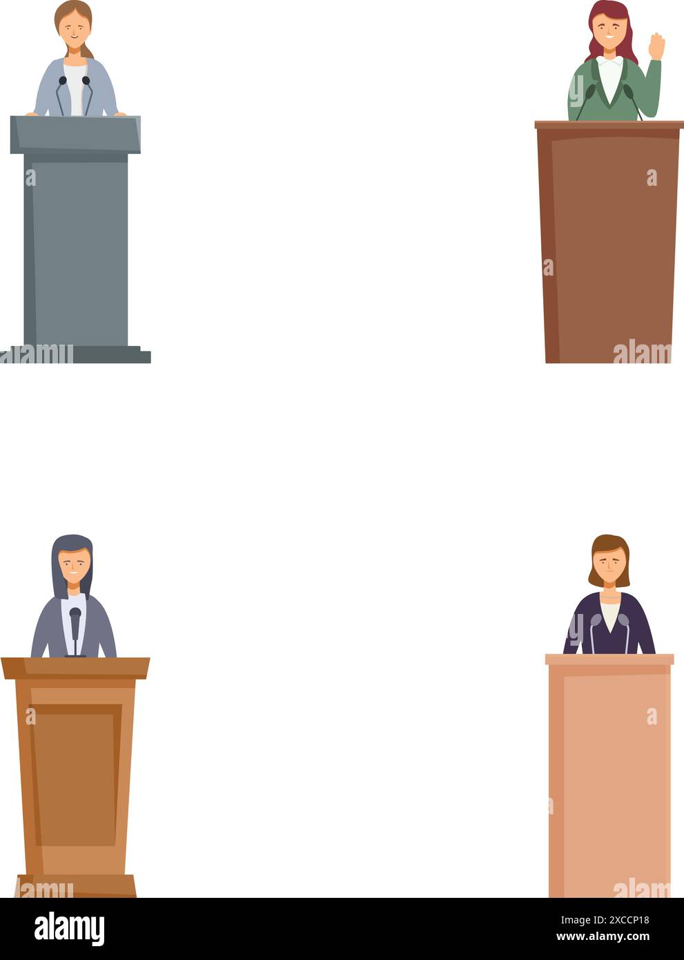 Vier Vektorsymbole, die Geschäftsleute verschiedener Geschlechter auf Podiumsplätzen repräsentieren, öffentlich sprechen Stock Vektor