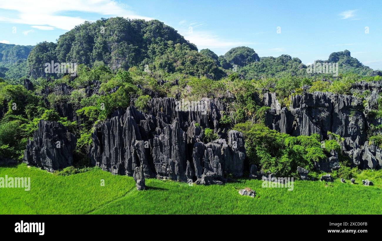 Maros, Süd-Sulawesi, Indonesien. Juni 2024. Blick aus der Vogelperspektive auf die Kars Berge im Dorf Salenrang, Bezirk Bontoa, Maros Regency, Süd-Sulawesi. Das Kars-Gebirge ist eine der touristischen Attraktionen als Weltkulturerbe-Geopark, der Anfang September 2023 von der Organisation der Vereinten Nationen für Erziehung, Wissenschaft und Kultur (UNESCO) rechtlich anerkannt wurde. (Kreditbild: © Herwin Bahar/ZUMA Press Wire) NUR REDAKTIONELLE VERWENDUNG! Nicht für kommerzielle ZWECKE! Quelle: ZUMA Press, Inc./Alamy Live News Stockfoto