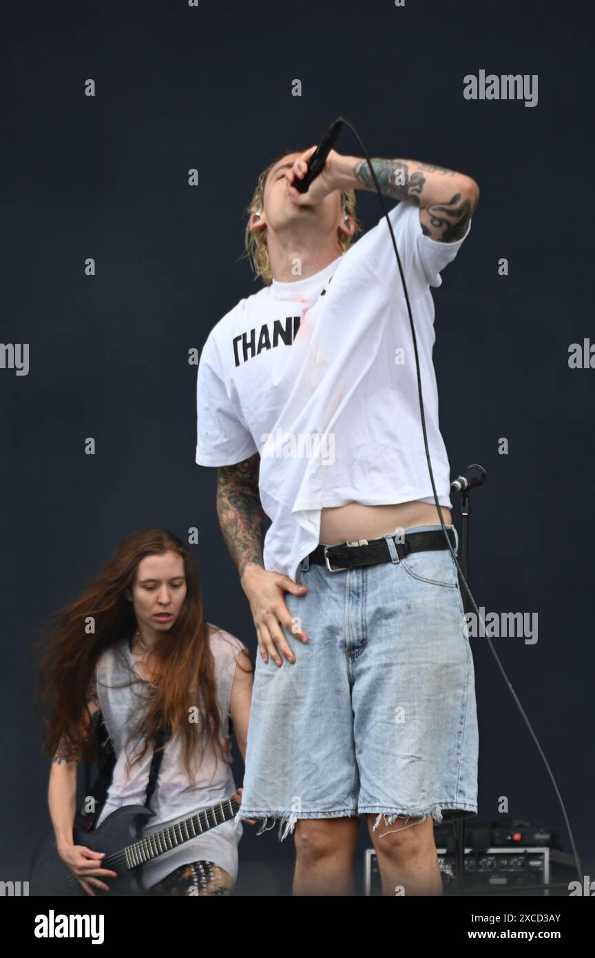 Donington, Großbritannien. Juni 2024. Code Orange spielt ein früheres Set auf der Main Stage beim Download Festival. Quelle: Cristina Massei/Alamy Live News Stockfoto