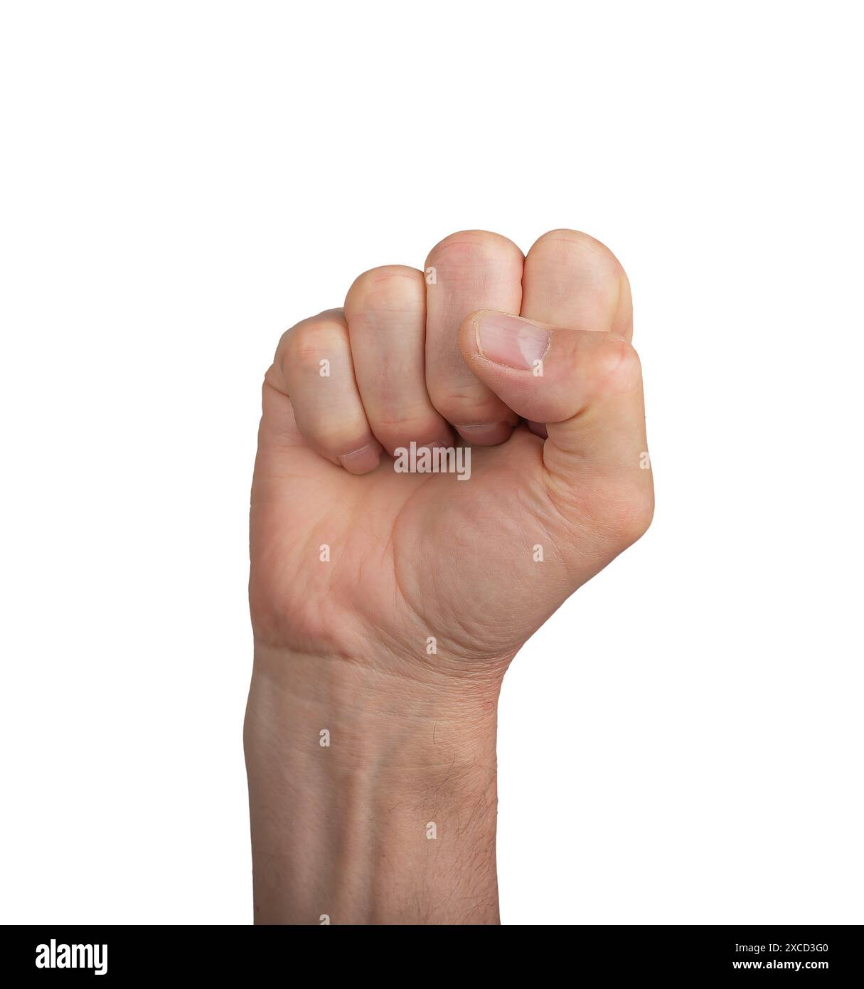 Männliche Faust oben, Handgeste, Schild isoliert auf weißem Hintergrund. Stockfoto