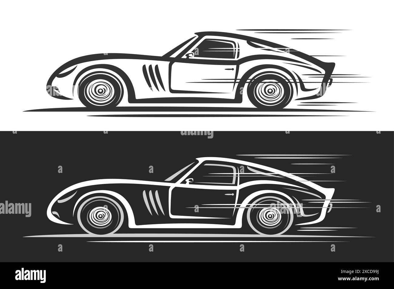 Vektor-Logo für Vintage-Sportwagen, horizontale Automobil-Banner mit einfacher Konturillustration des monochromen kleinen Konzeptfahrzeugs in Bewegung, dekorativ Stock Vektor