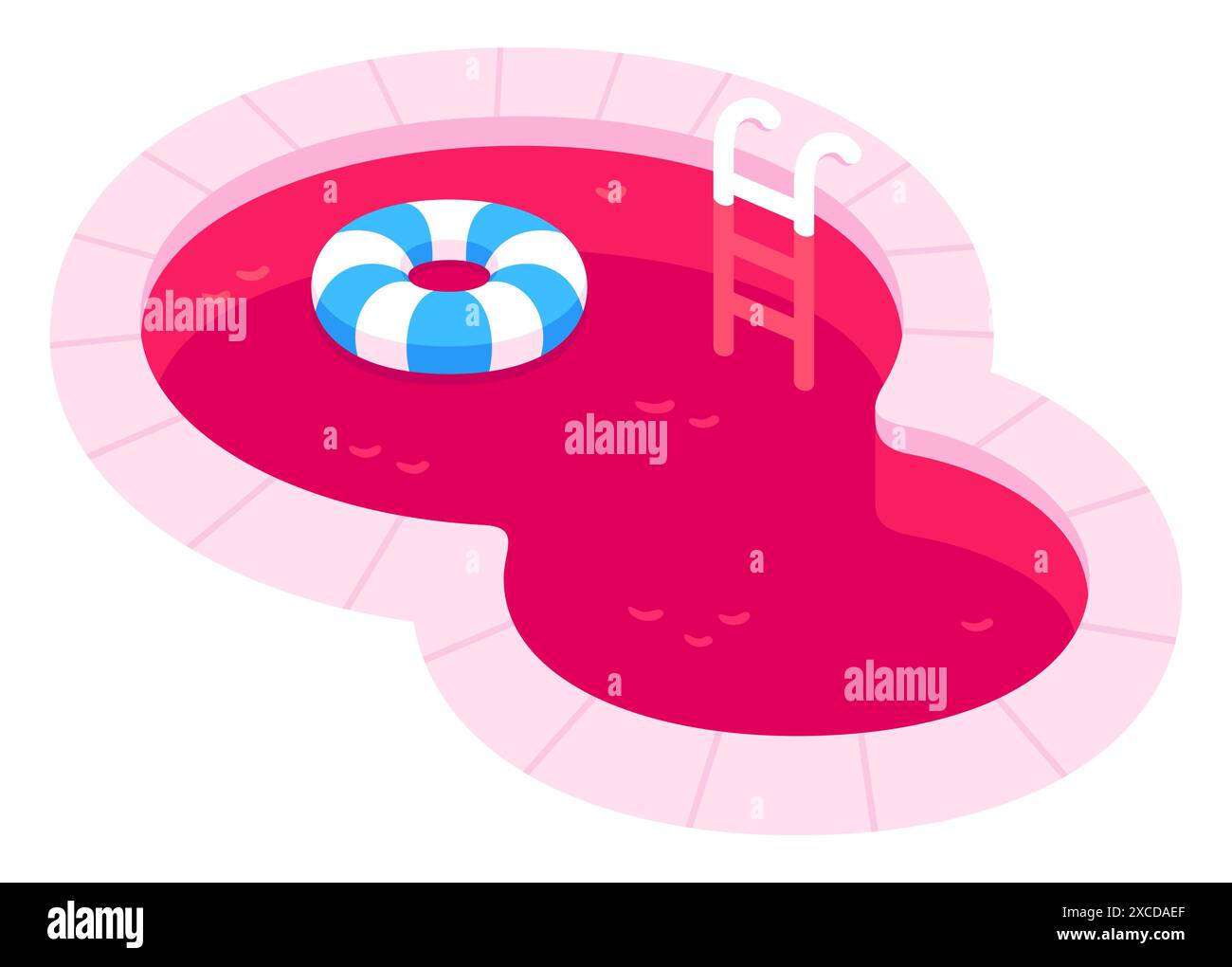 Rote Schwimmbad-Vektor-Illustration in flacher Karikatur-Art. Swimmingpool (im Freien) mit rotem Boden und aufblasbarem Schwimmerring. Stock Vektor