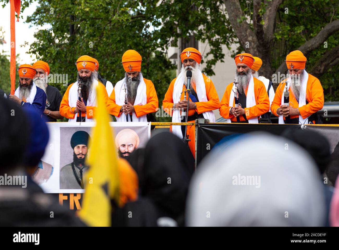 London, Großbritannien. 16. Juni 2024. Tausende von Sikhs marschieren zum 40. Jahrestag der Schlacht von Amritsar und des Angriffs der indischen Staatsarmee auf Sri Darbar Sahib Amritsar im Juni 1984. Anrede: Andrea Domeniconi/Alamy Live News Stockfoto