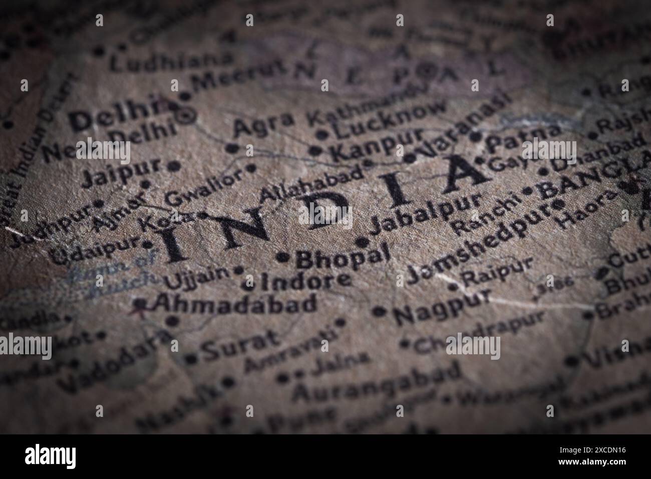 Land Indien auf der Karte. Nahaufnahme Name Land Stockfoto