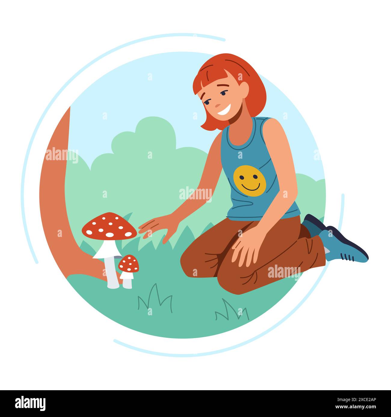 Unvorsichtiges Mädchen, das giftige Pilze auf Glade flache Farbe Vektor-Illustration aufnimmt. Gefahr in der Natur für kleine Kinder rundes Konzept-Symbol auf weiß Stock Vektor