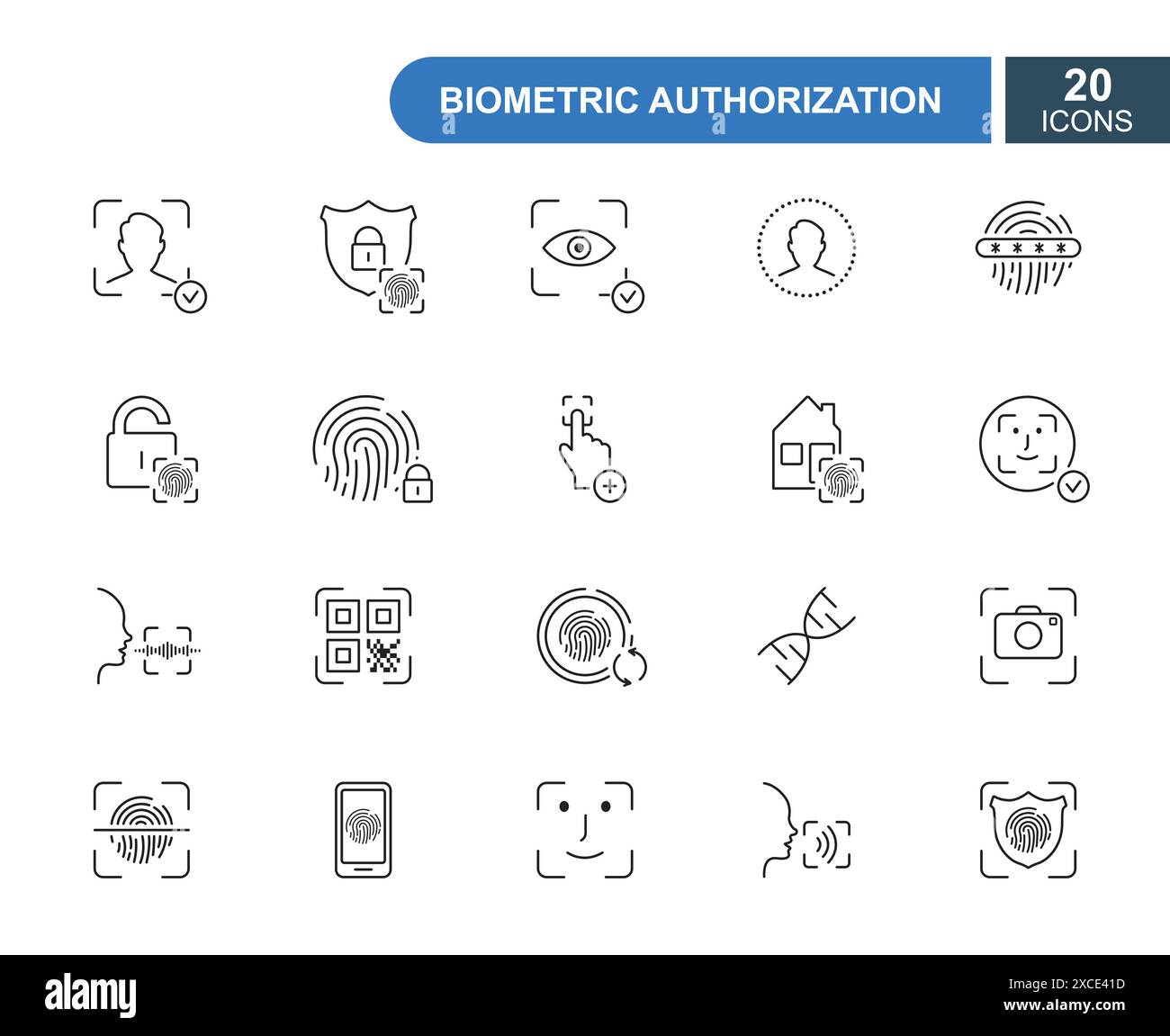 Satz biometrischer Symbole für dünne Linien. Fingerabdruck, Gesichts-ID, Spracherkennung, DNA, Augenscan. Zeilensymbole des biometrischen Identitätsnachweises. Vektor Stock Vektor