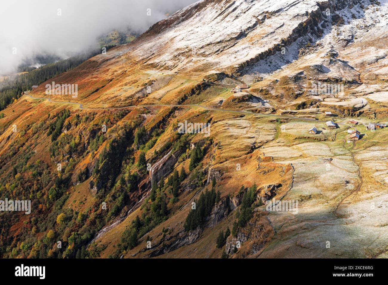 Grindelwald zuerst, Schweiz Herbstblick in Bergtäler. Stockfoto