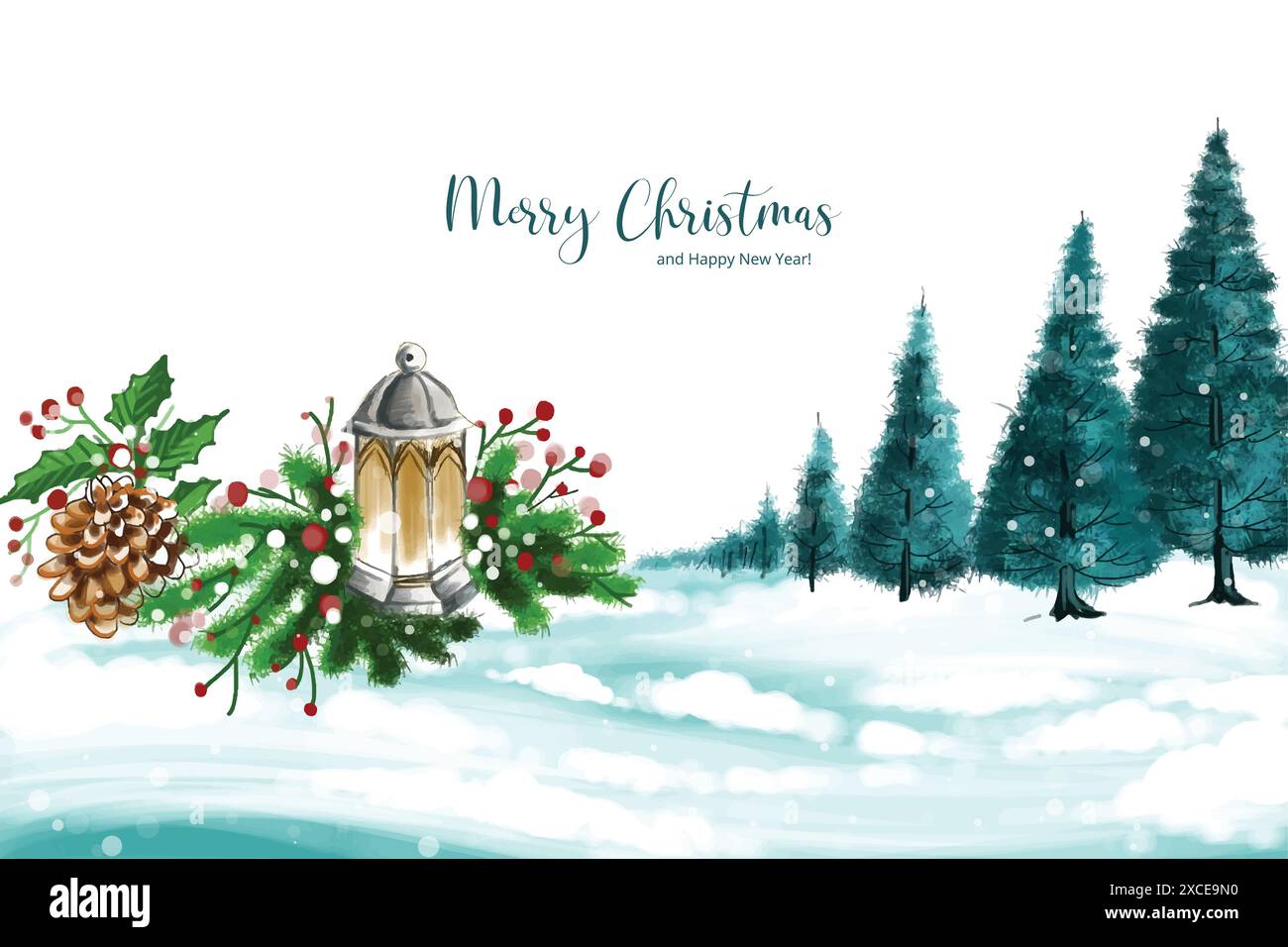 Winterlandschaft mit fallendem weihnachtsschnee und Baum Weihnachtskarte Hintergrund Stock Vektor