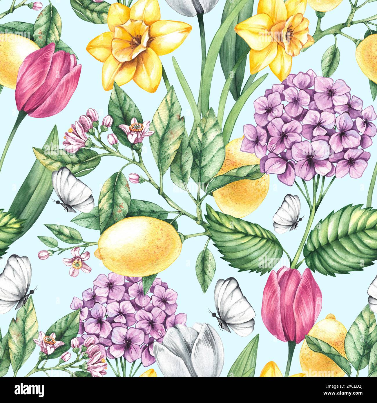 Blühendes Aquarellmuster mit Zitronen, Narzissen, Tulpen, Schmetterlingen und Hortensien. Rotes Blumenmuster für Textildesign, Stoffe, Karten, wa Stockfoto