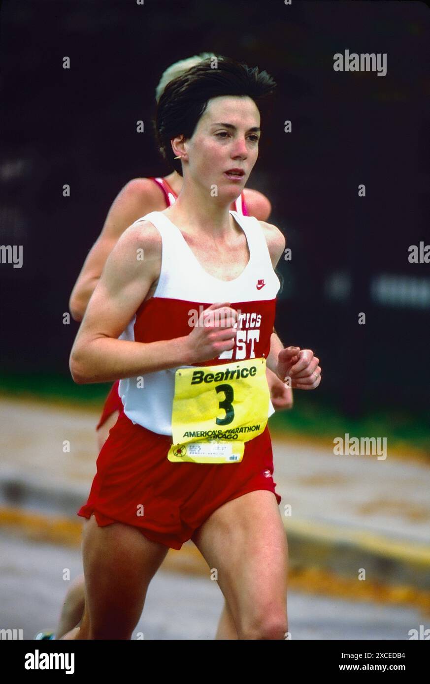 Joan Benoit nahm 1985 am Chicago Marathon Teil. Stockfoto