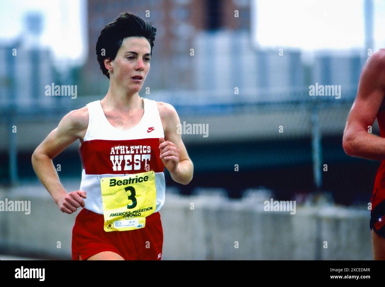 Joan Benoit nahm 1985 am Chicago Marathon Teil. Stockfoto