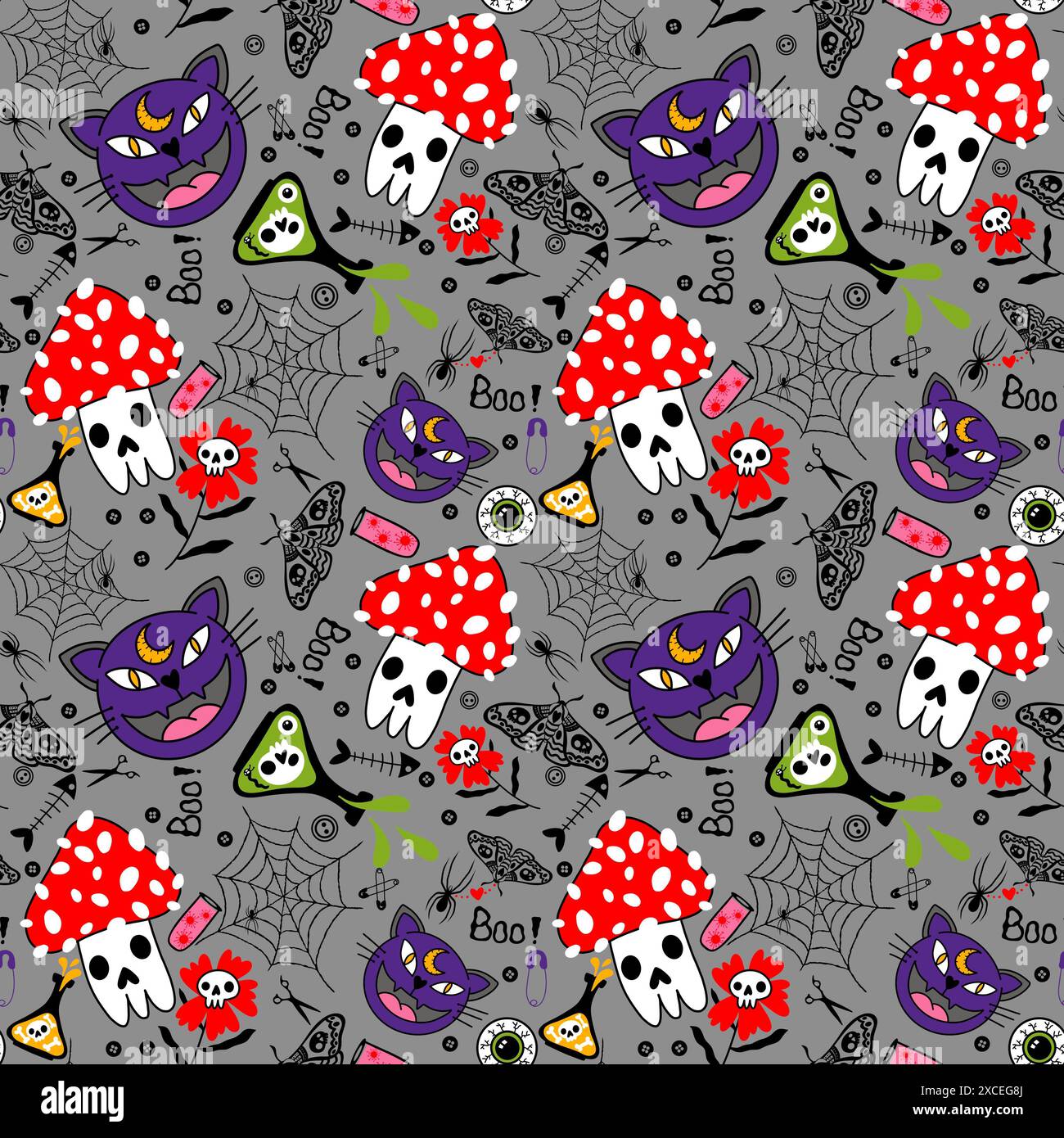 Halloween Tiere nahtloses Katzenmuster zum Einpacken von Papier, Stoffen und Bettwäsche sowie Kinderbekleidung und Partyzubehör. Hochwertiges illustrat Stockfoto