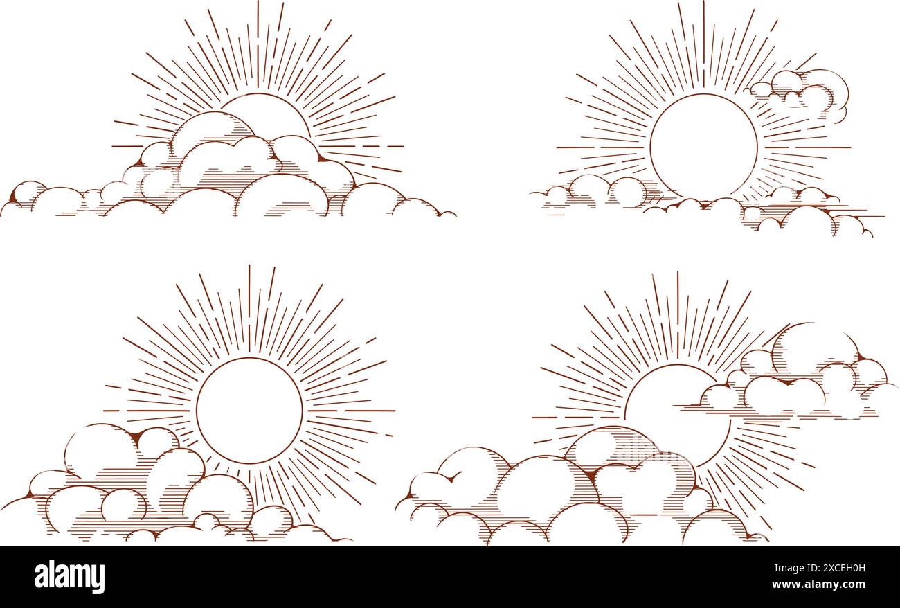 Handgezeichnete Sonne mit Wolken Stock Vektor