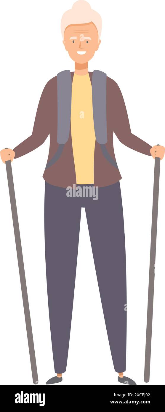 Lächelnde Seniorin, die mit Trekkingstöcken wandert und ihren Ruhestand durch aktiven Lebensstil genießt Stock Vektor