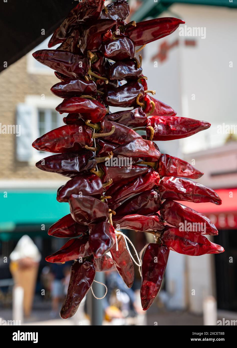 Piment d'Espelette, getrocknete rote heiße Chilischoten aus dem Dorf Espelette im Baskenland in den Bergen, Frankreich, Gewürz, französische Gewürze Stockfoto