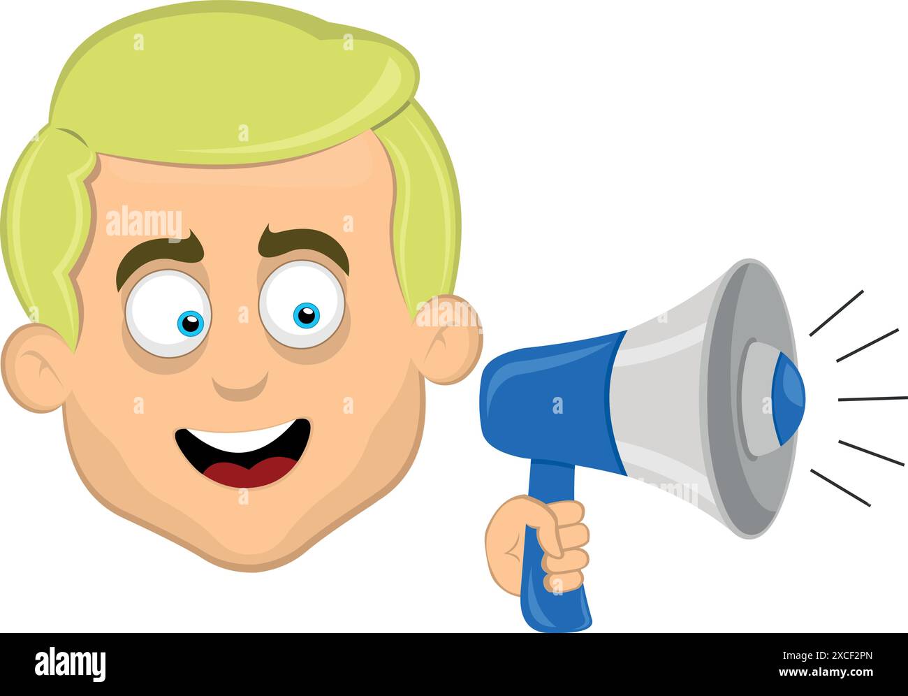 Vektor Illustration Gesicht Mann Cartoon blonde und blaue Augen, sprechen mit einem Megaphon in der Hand Stock Vektor