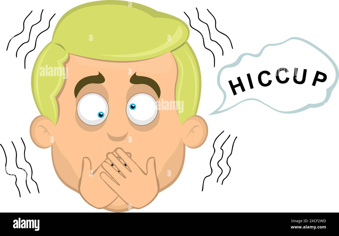 Vektor-Illustration Gesicht Mann Cartoon blonde und blaue Augen, Schluckauf Symptom und eine Sprechblase mit Schluckauf Text Stock Vektor