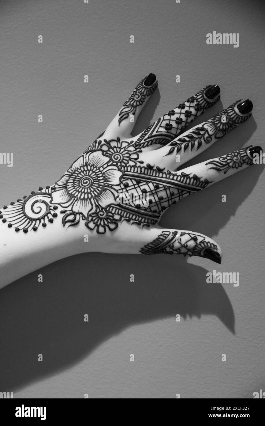 Nordamerika, USA, Washington. Indische Mehendi Feier. Henna Anwendung und Rituale. Die Hände. Stockfoto