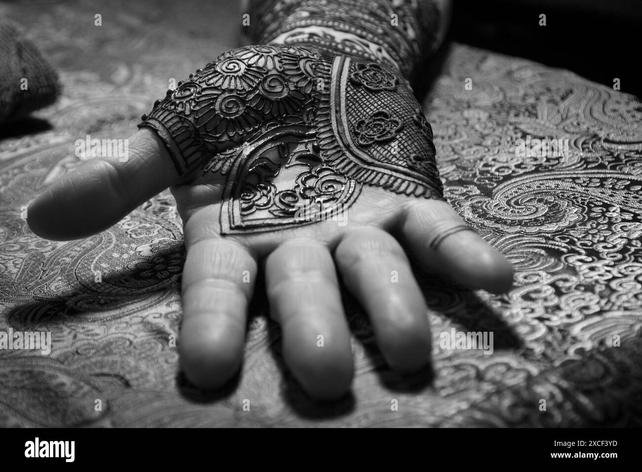 Nordamerika, USA, Washington. Indische Mehendi Feier. Henna Anwendung und Rituale. Hand. Stockfoto