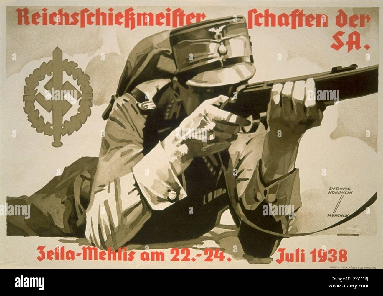 Ein nazi-Poster aus dem Jahr 1938, das die SA-Schießmeisterschaft am 22-24. Juli 1938 vorstellte. Die SA (Sturmabteilung) war der paramilitärische Flügel der nsdap, auch bekannt als die Browshirts. Stockfoto