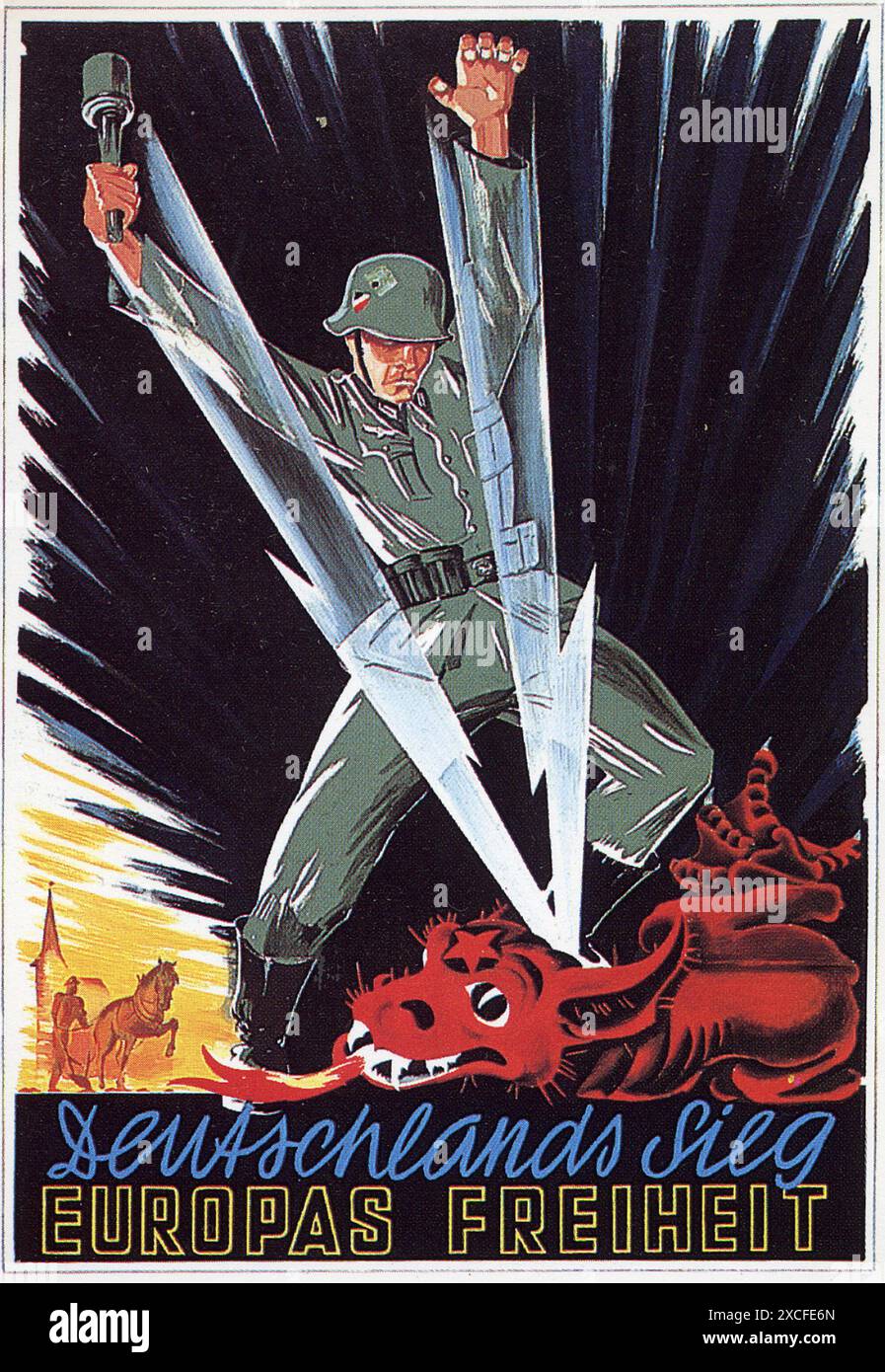 Ein antikommunistisches Propagandaplakat der Nazis aus dem Jahr 1941. Ausgestellt während der Operation Barbarossa (der Invasion der Sowjetunion durch die Nazis) zeigt es einen deutschen Soldaten, der mit zwei Blitzschlägen einen zugeneigten roten Drachen besiegt. Stockfoto