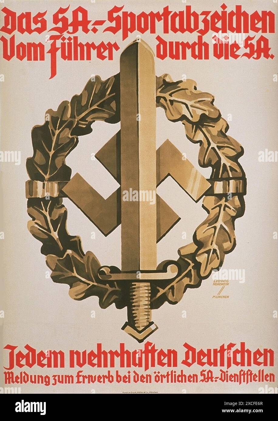 Ein Poster mit dem SA-Sportabzeichen der Sturmabteilung. Stockfoto