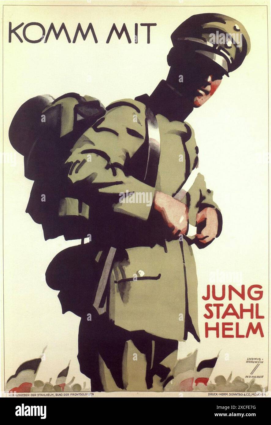 Ein Plakat von 1920 für die Jugendabteilung des Stahlhelms. Der Stahlhelm League of Front Line Soldiers (Stahlhelm) war ein deutscher WW! Veteranenorganisation. Diese Organisationen waren eine wichtige Quelle für Rekruten für rechte paramilitärische Outfits, einschließlich Hitlers Brownshirts. Stockfoto