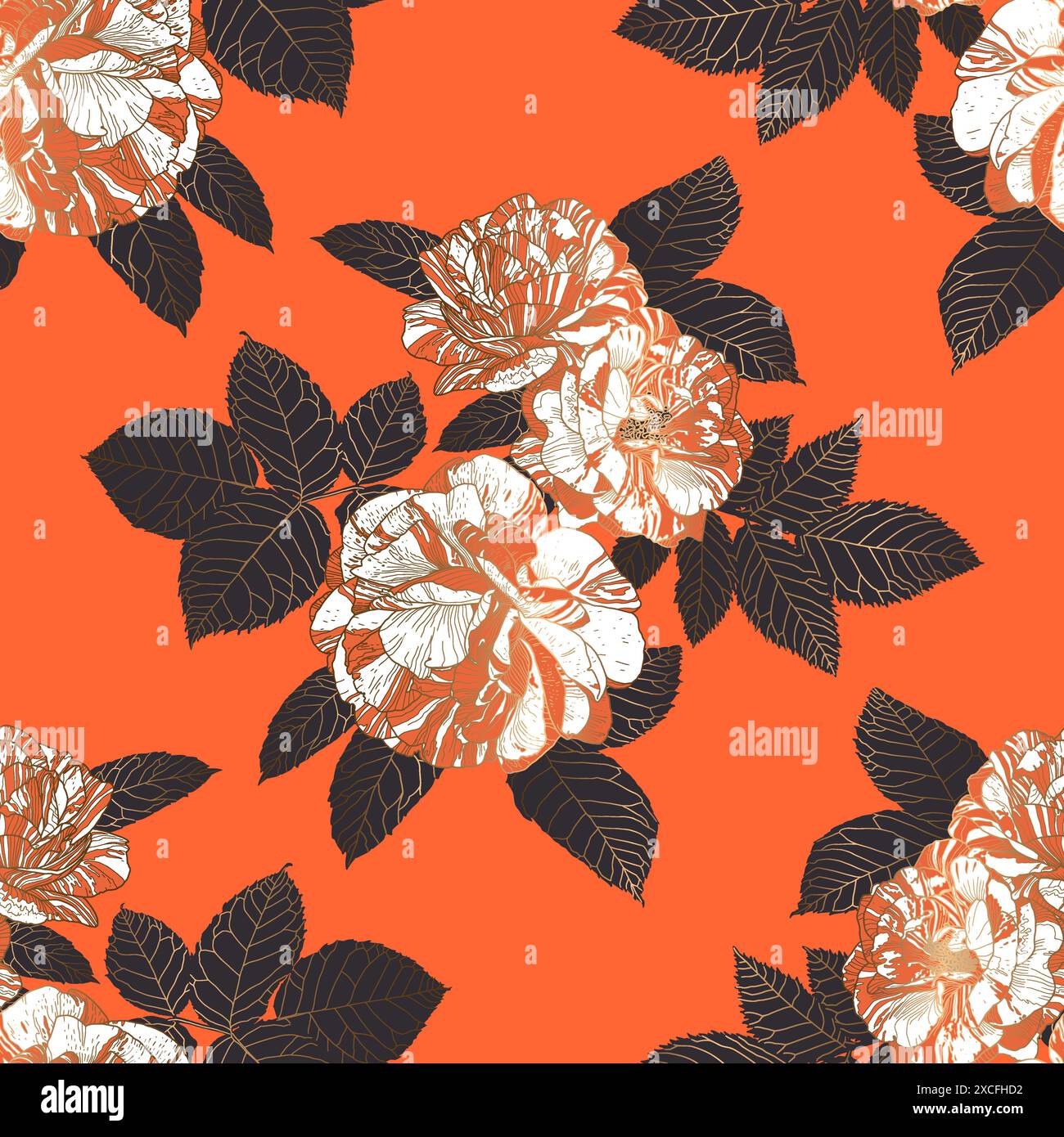 Nahtloses Luxus Half Drop Muster mit weißen und orangefarbenen Rosen mit Goldumrandung und grauen Blättern auf orangem Hintergrund. Ideal für Textilien, Oberflächen, Tapeten, Geschenkpapiere, Stoffe, Ausdrucke. Stock Vektor