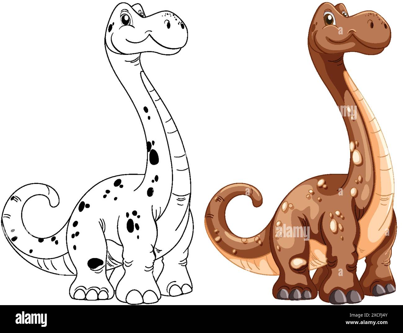 Zwei entzückende Dinosaurier, einer farbig, einer umrissen Stock Vektor
