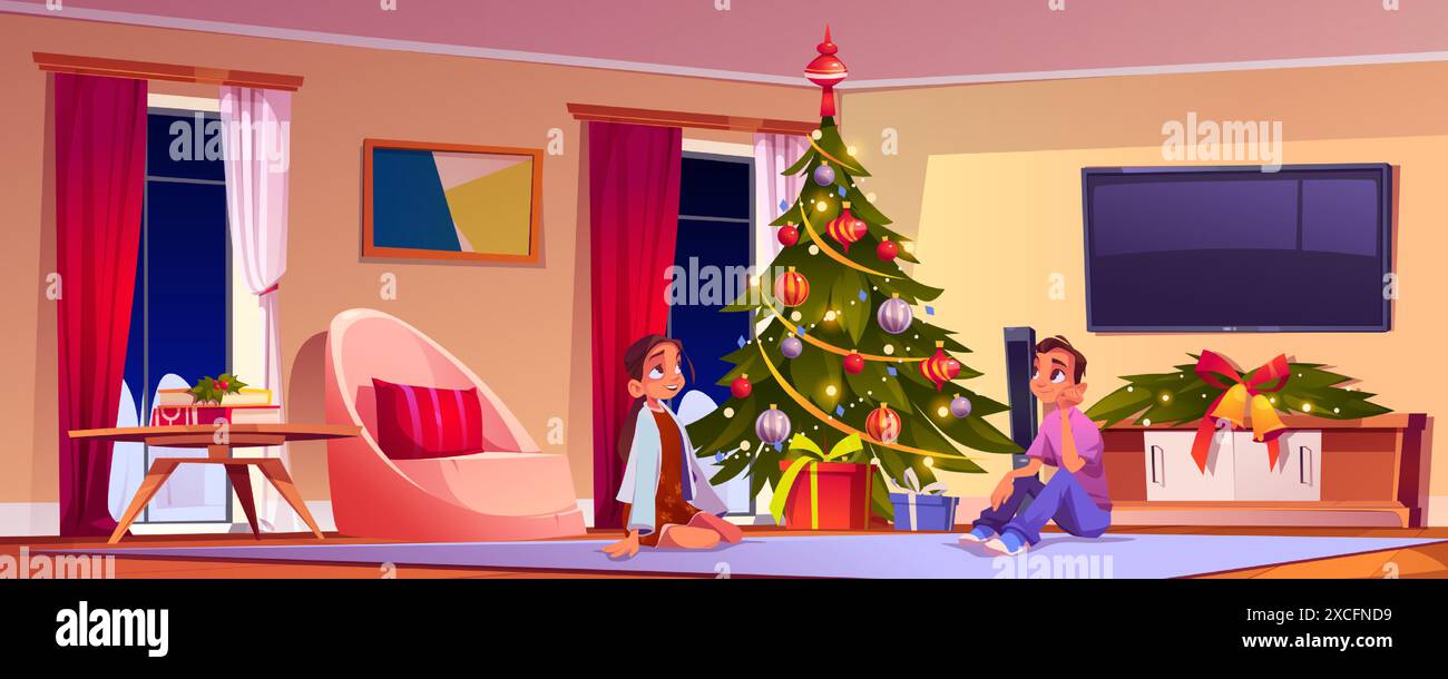 Die Familie feiert im Wohnzimmer mit dem Weihnachtsbaum-Zeichentrick. Kind mit Geschenkbox zu Hause, das auf dem Boden sitzt. Vorhang am Fenster, Teppich und immergrüne Ferienwohnung Dekoration. Weihnachtsgeschichte Stock Vektor