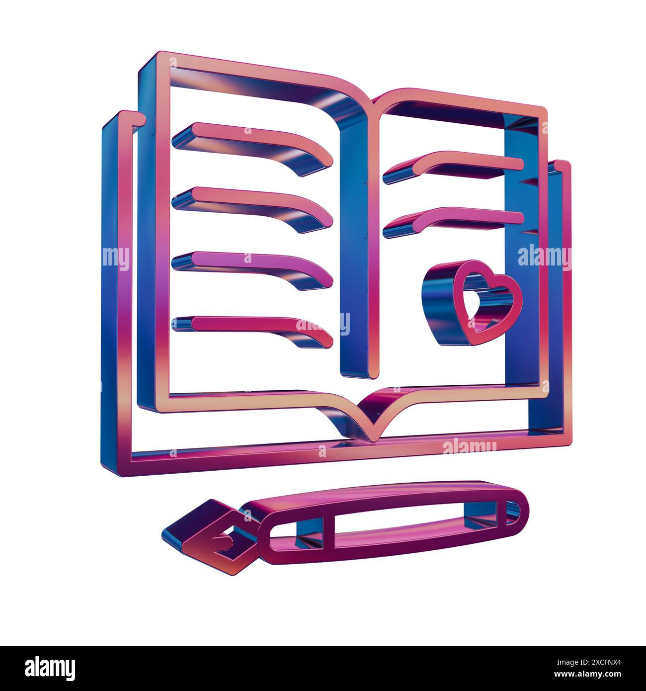3D Neon Retro Icon - Gästebuch mit Herzsymbol Stockfoto