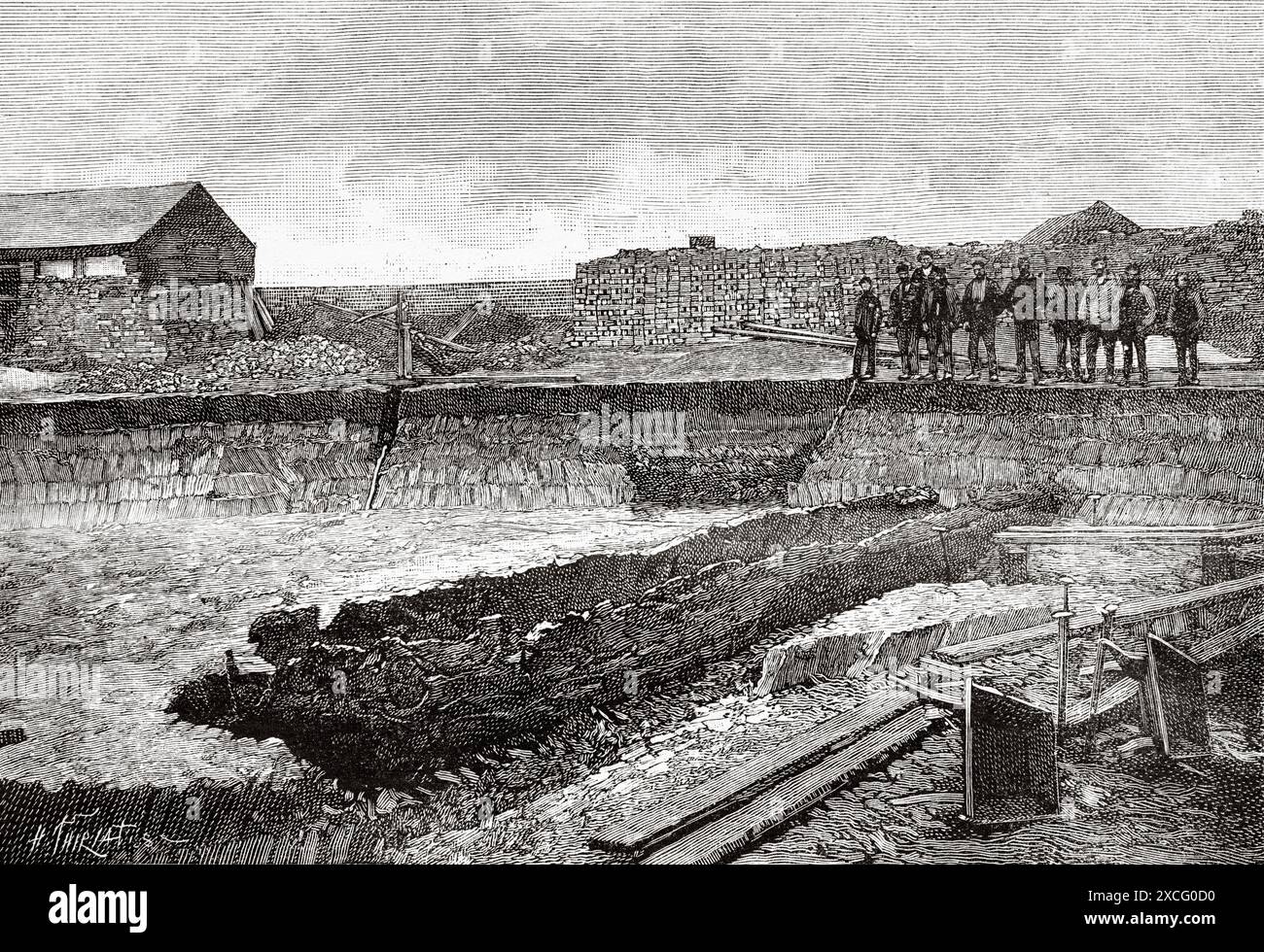 Prähistorisches Boot entdeckt in Brigg, Lincolnshire, England. Alte gravierte Illustration aus dem 19. Jahrhundert aus La Nature 1886 Stockfoto