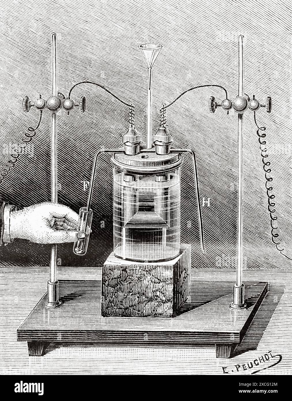 Apparate zum Abbau von Flusssäure und zur Herstellung von Fluor. Alte gravierte Illustration aus dem 19. Jahrhundert aus La Nature 1886 Stockfoto