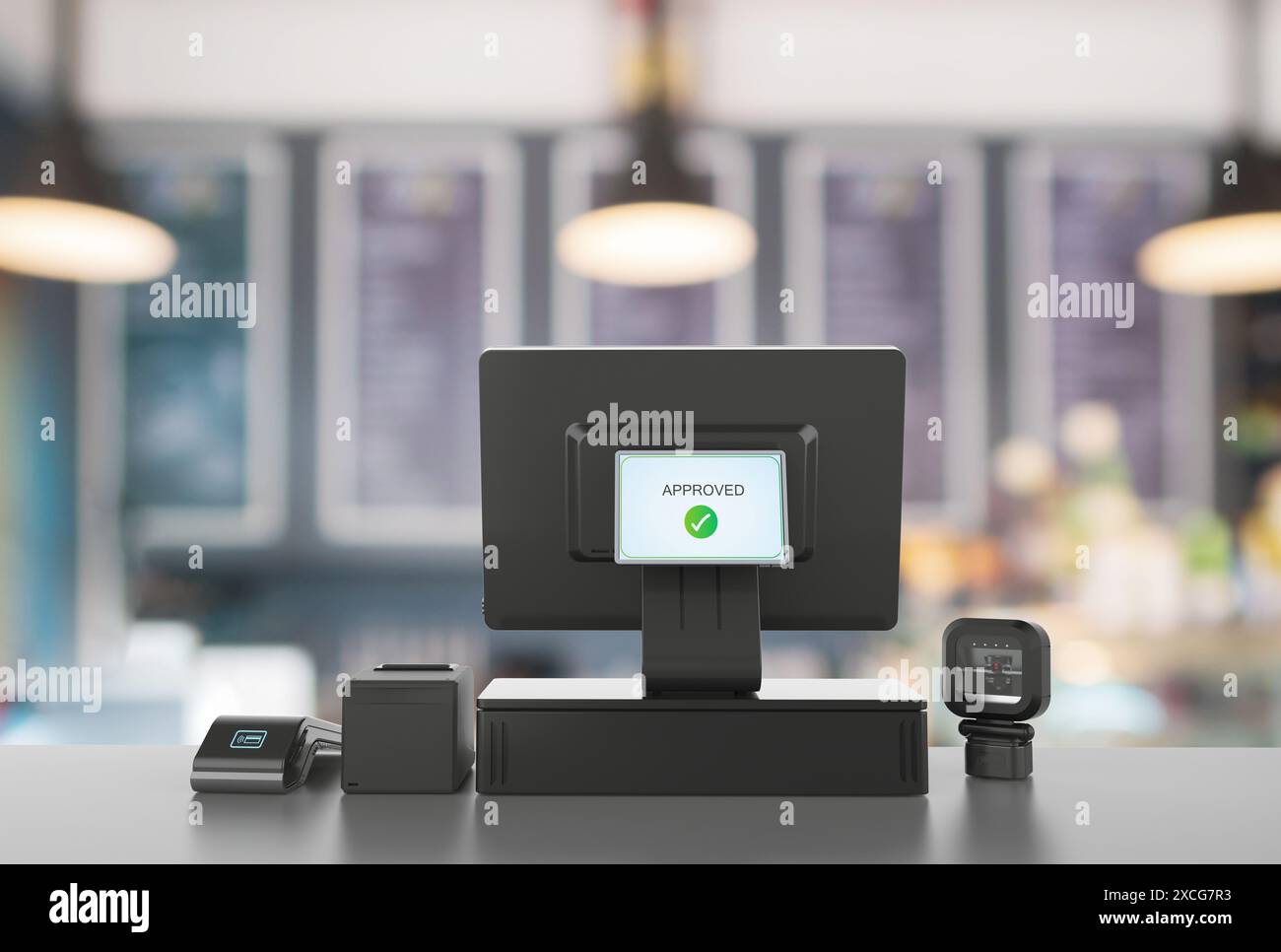 3D-Render-Point-of-Sale-System oder Kassenautomat am Schreibtisch im Café Stockfoto