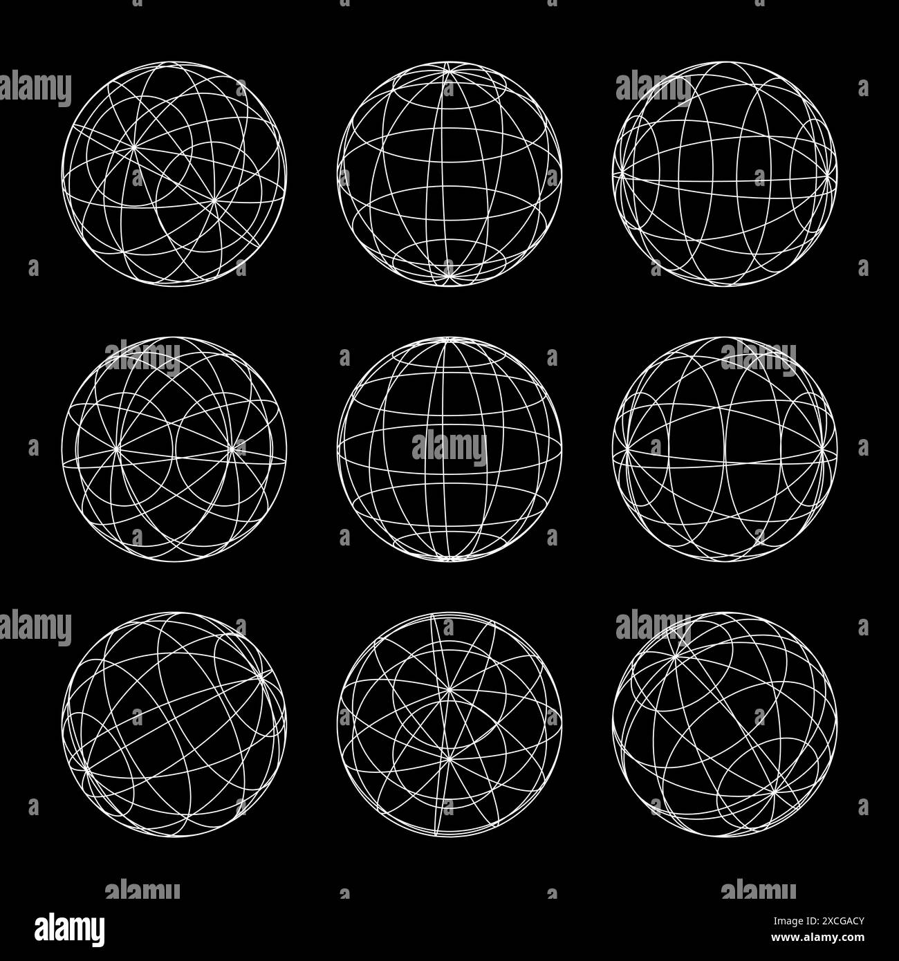 Drahtmodellformen, gefütterte Kugel. Perspektivisches Netz, 3D-Raster. Geometrische Elemente mit niedrigem Poly. Futuristische Retro-Designelemente, y2k, Vaporwave und Synthwave Stock Vektor