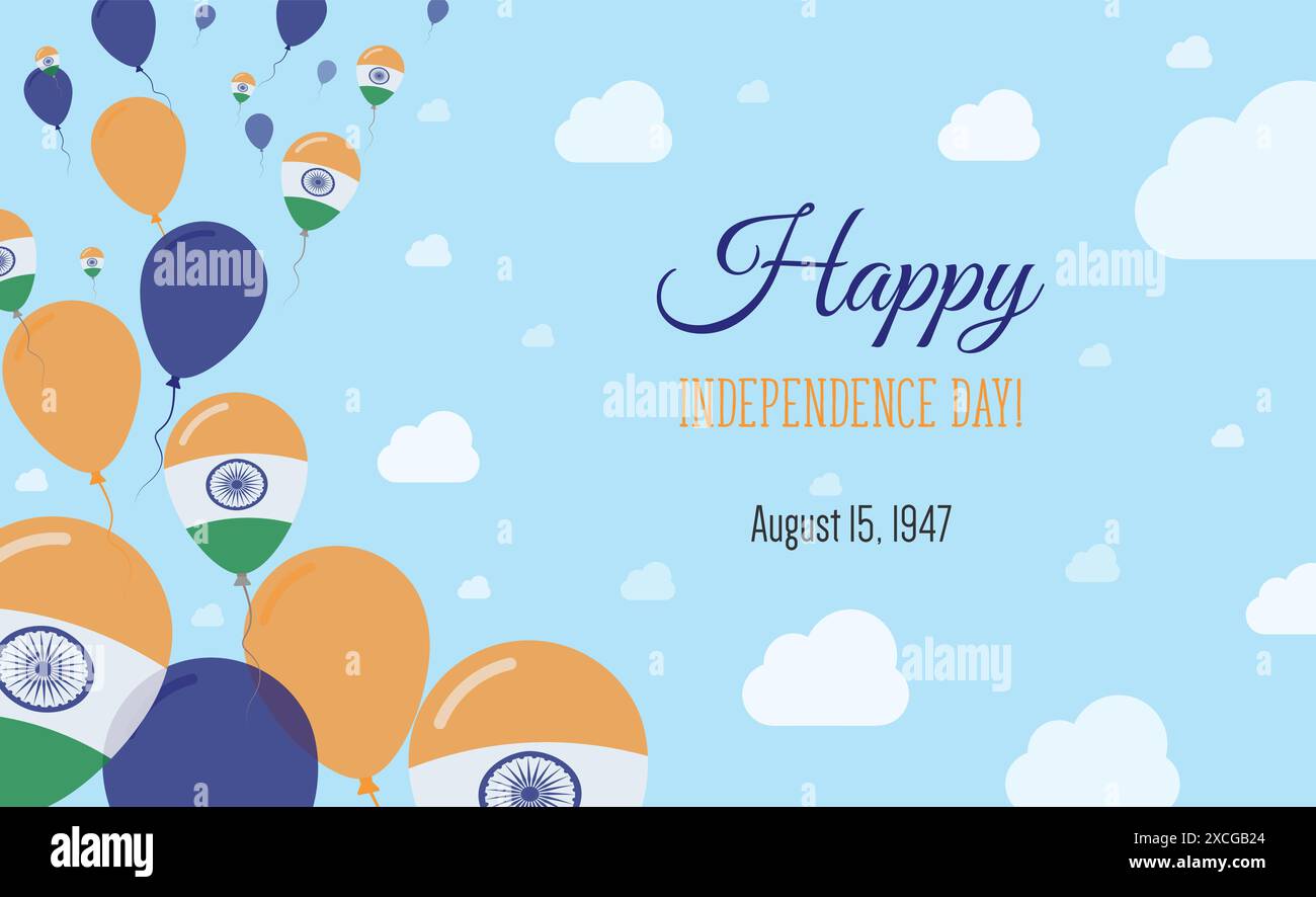 Poster Zum Indischen Unabhängigkeitstag: Funkelndes Patriotisches Poster. Reihe von Ballons in Farben der indischen Flagge. Grußkarte mit Nationalflaggen, Blue Skyes und Clo Stock Vektor