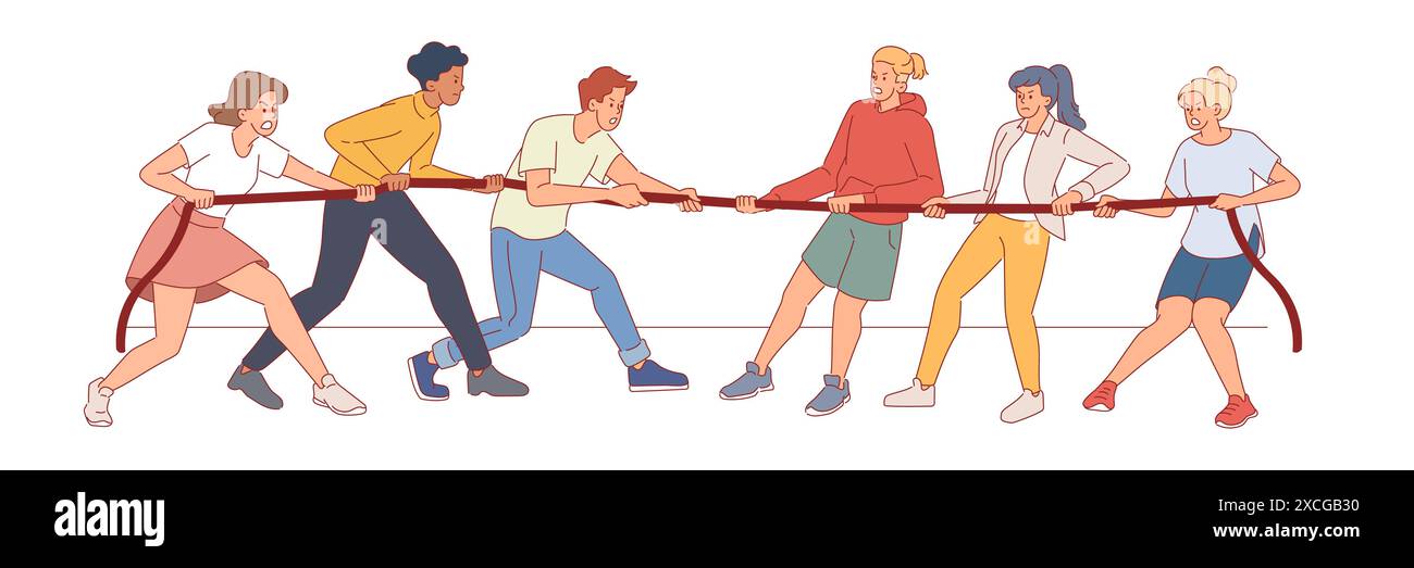 Tauziehen des Krieges. Konfrontation zwischen zwei Personengruppen, Rivalität und Geschäftswettbewerb, Jungs und Mädchen ziehen gegeneinander, Teamwork-Spiel Stock Vektor